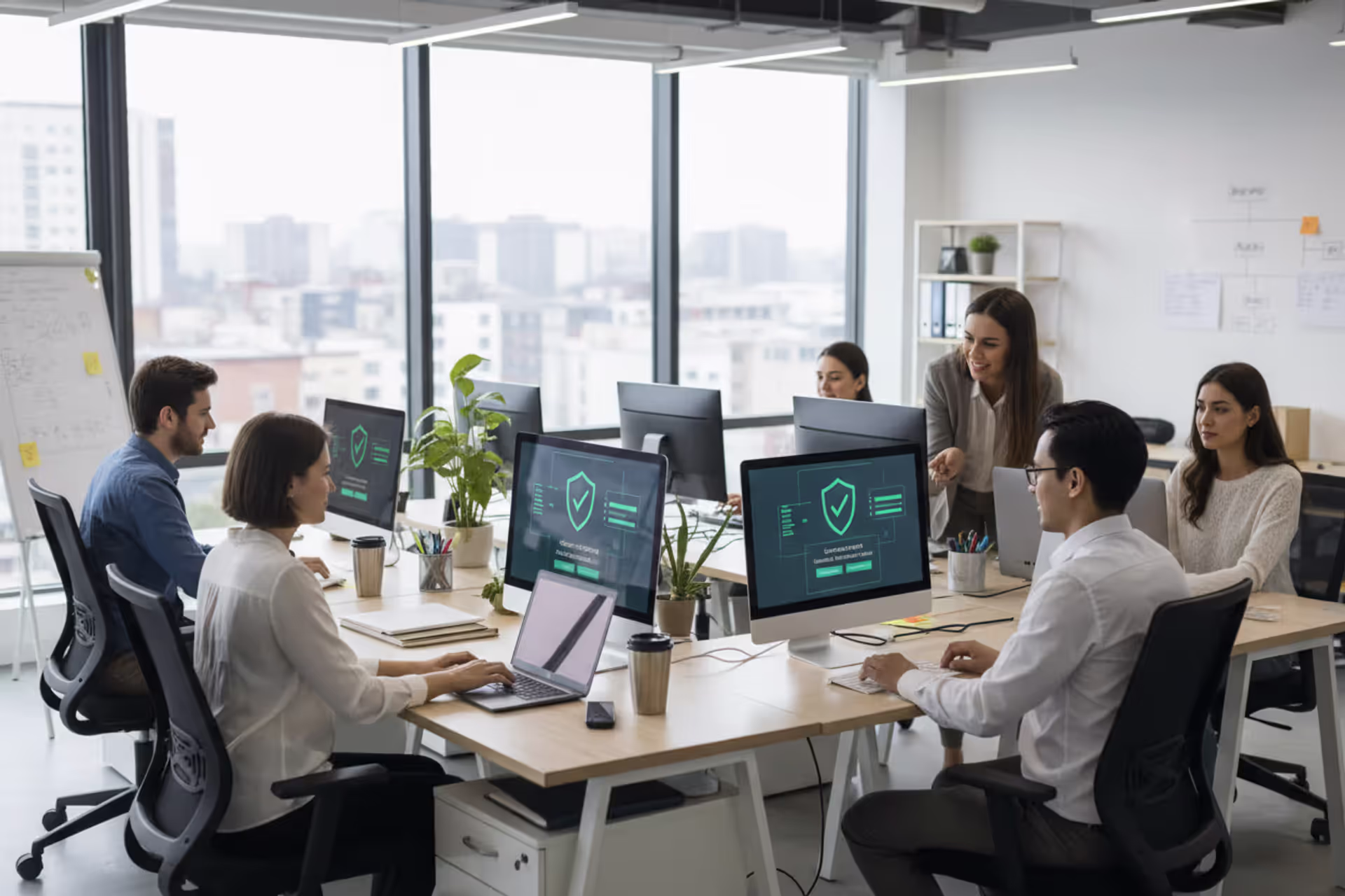 Small business team working in an office with visible cybersecurity protection elements
