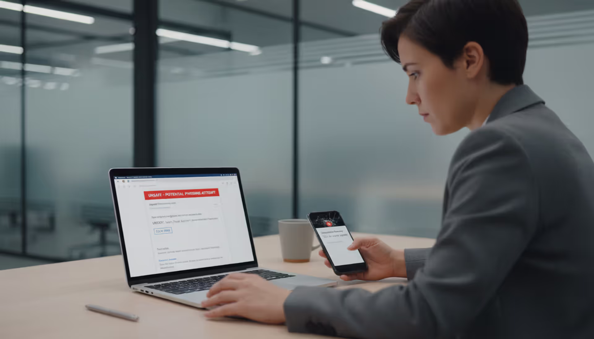 Employee reviewing suspicious email and text message on laptop and phone