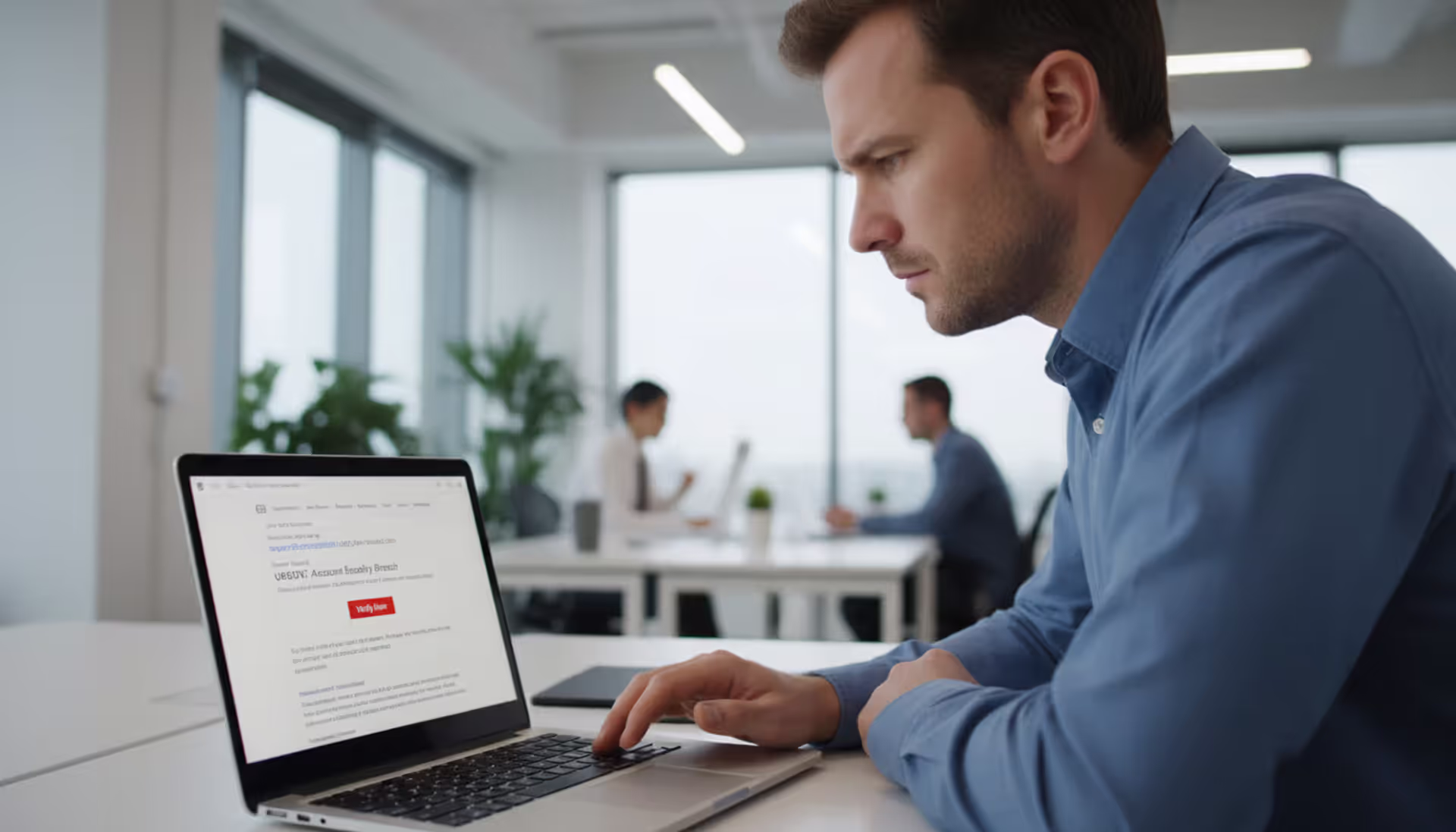 Office worker reviewing a suspicious phishing email on a laptop