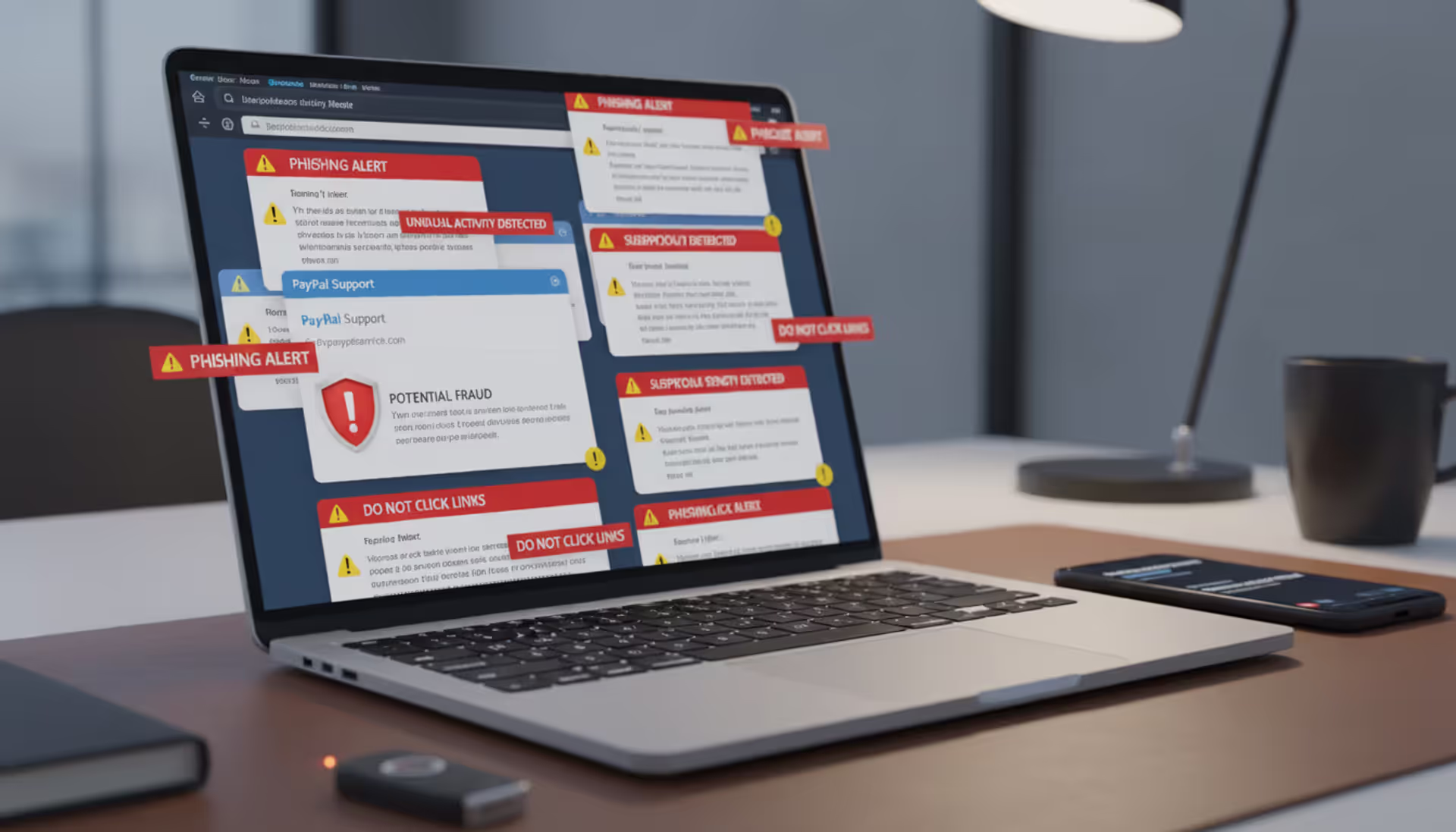 Cybersecurity email inbox with phishing warnings on a laptop screen